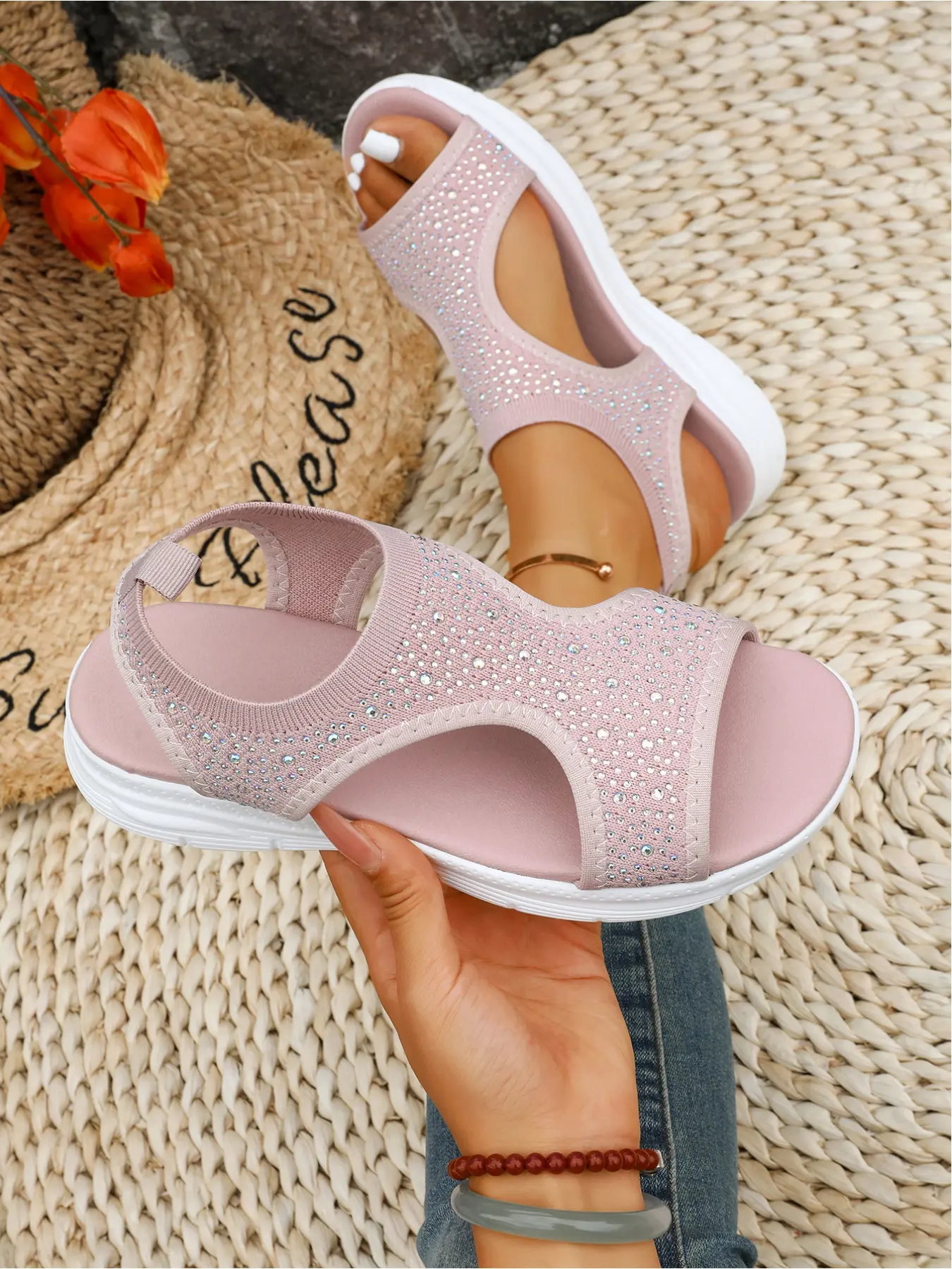 Women Wedge Sandals, Fashionable Wedge Shoes, Rhinestone Knit Platform Sandals, Summer Thick Sole Casual Shoes, Elastic Slingback Sneaker Sandals, Glitter Sandals