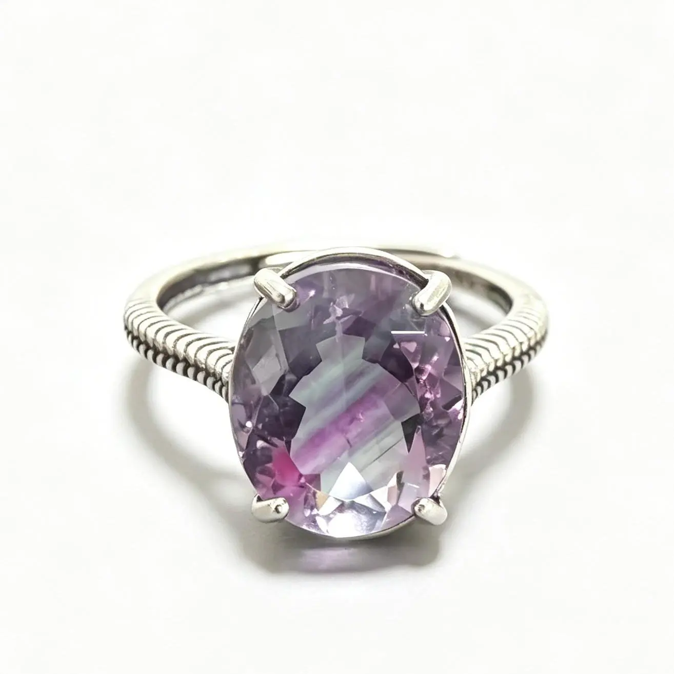 Unisex 925 Sterling Silver Adjustable Twisted Band Ring, 12×10mm Oval Natural Rainbow Fluorite Crystal Ring - Minimalist Statement Piece for Birthday, Anniversary, Natural Beauty, Everyday Wear Rings