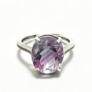 12×10mm Natural Rainbow Fluorite 925 Sterling Silver Adjustable Twisted Band Ring | Minimalist Crystal Statement Ring
