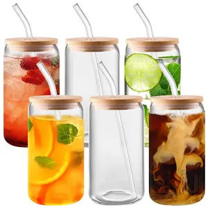 6 Pieces Glass Cups With Bamboo Lids and Straws - 16 oz Beer Can Shaped Drinking Glasses,Iced Coffee Cups,Glass Tumbler With Lid And Straw,Smoothie Cups With Lids And Straws,Ideal for Cocktail,Whiskey Drinkware Reusable