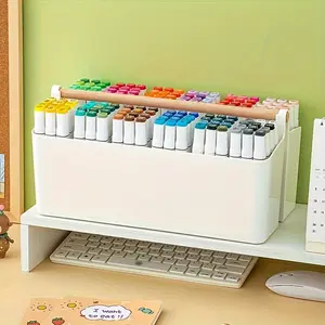 1pc Large Plastic Portable Caddy With Handle, Storage Organizer Bin With Adjustable Dividers For Art Supplies, Crafts, Colored Pencils, Makeup Desk, Desktop Decor