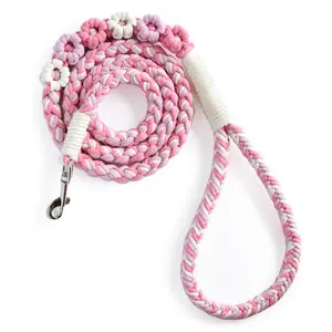 Handmade Braided Cotton Dog Leash – 5ft Durable and Stylish Leash with Unique Floral Handle, Ideal for Small to Large Dogs, Pink Color