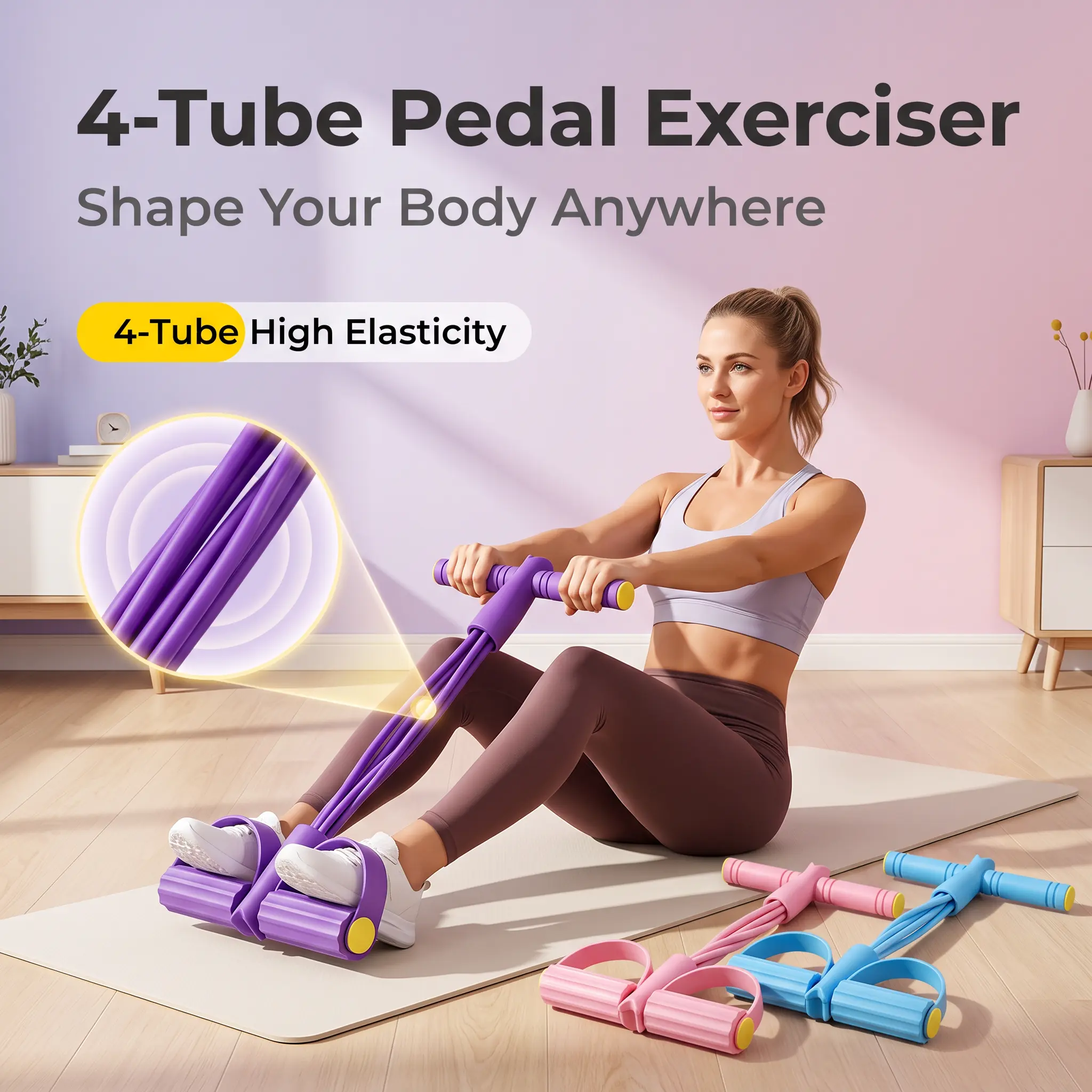 4-Tube Foot Pedal Resistance Band Pull Rope Fitness Exerciser, Portable Home Gym Equipment for Abdomen, Arm, Leg, Waist Workouts, Travel-Friendly Ab Training Gear