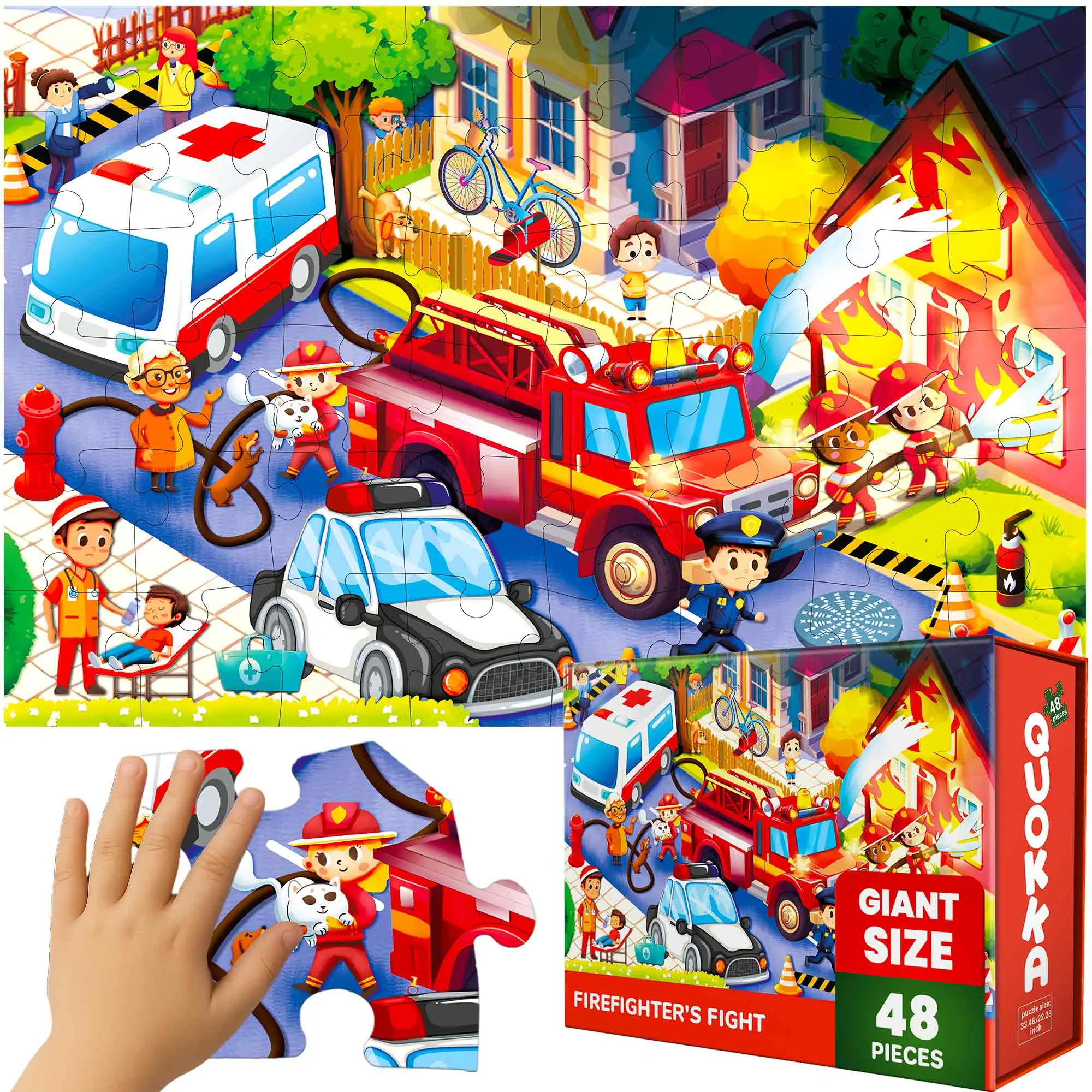 QUOKKA Giant Firetruck-Themed Developmental Floor Jigsaw Puzzle for 4-6 Years Kids, 2x3 FT Large-Size Large-Piece Kids Toy, Games & Hobbies Puzzle