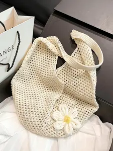 Beige Hollow Knit Flower Tote Bag, Handmade 3D Floral Crochet Shoulder Bag, Large Capacity Breathable Beach Bag for Vacation & Daily Use, Boho Aesthetic Handbag for Women