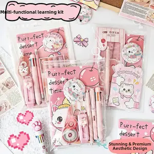 Cute Student Stationery Set with Dual Tip Highlighters for Study Notes Marking, Includes Notebook, Gel Pen, Ruler and Correction Tape, School Office Writing Supplies Kit for Note Taking and Document Marking, Visual Learning Tools, 3 Style Sets