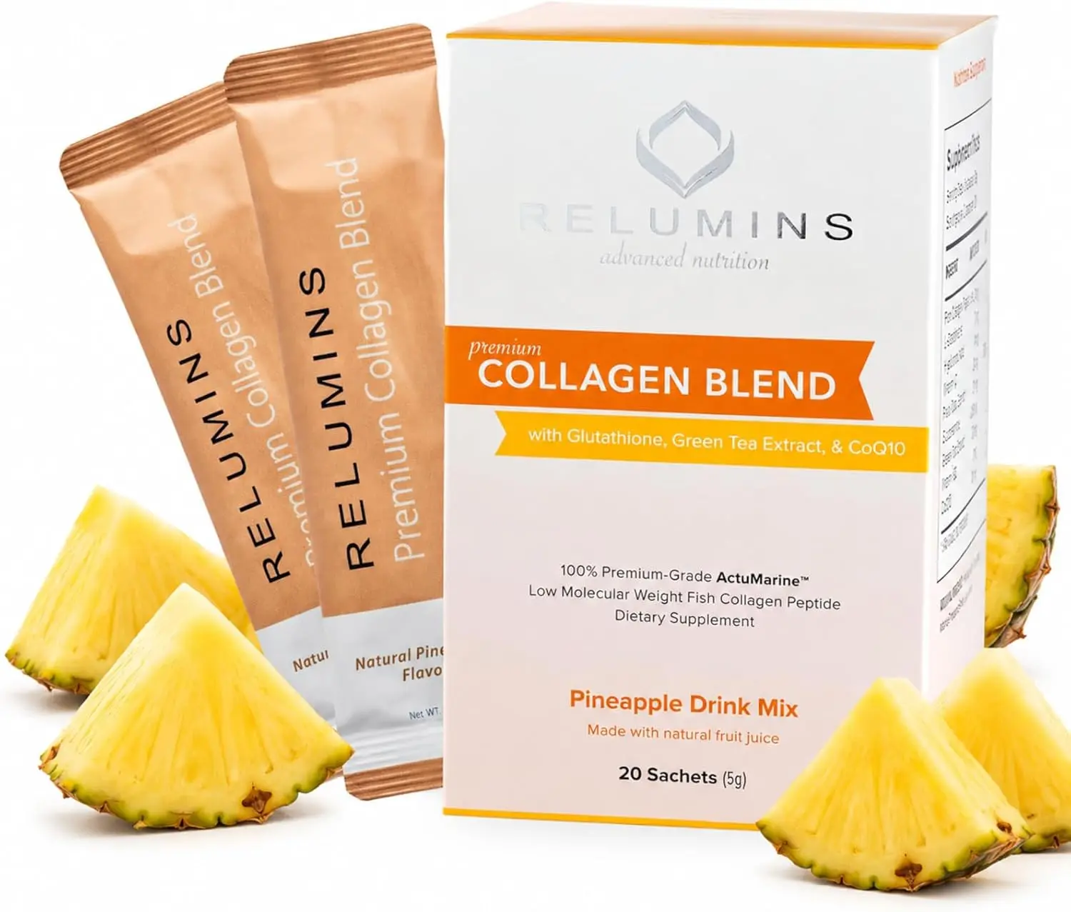 Relumins Marine Collagen Drink Mix 5000mg Type I, II, III Peptides with Glutathione, Green Tea, CoQ10 & Hyaluronic Acid for Smooth Glowing Skin - Vanilla, Pineapple and Blueberry Flavor x 100 Sachets