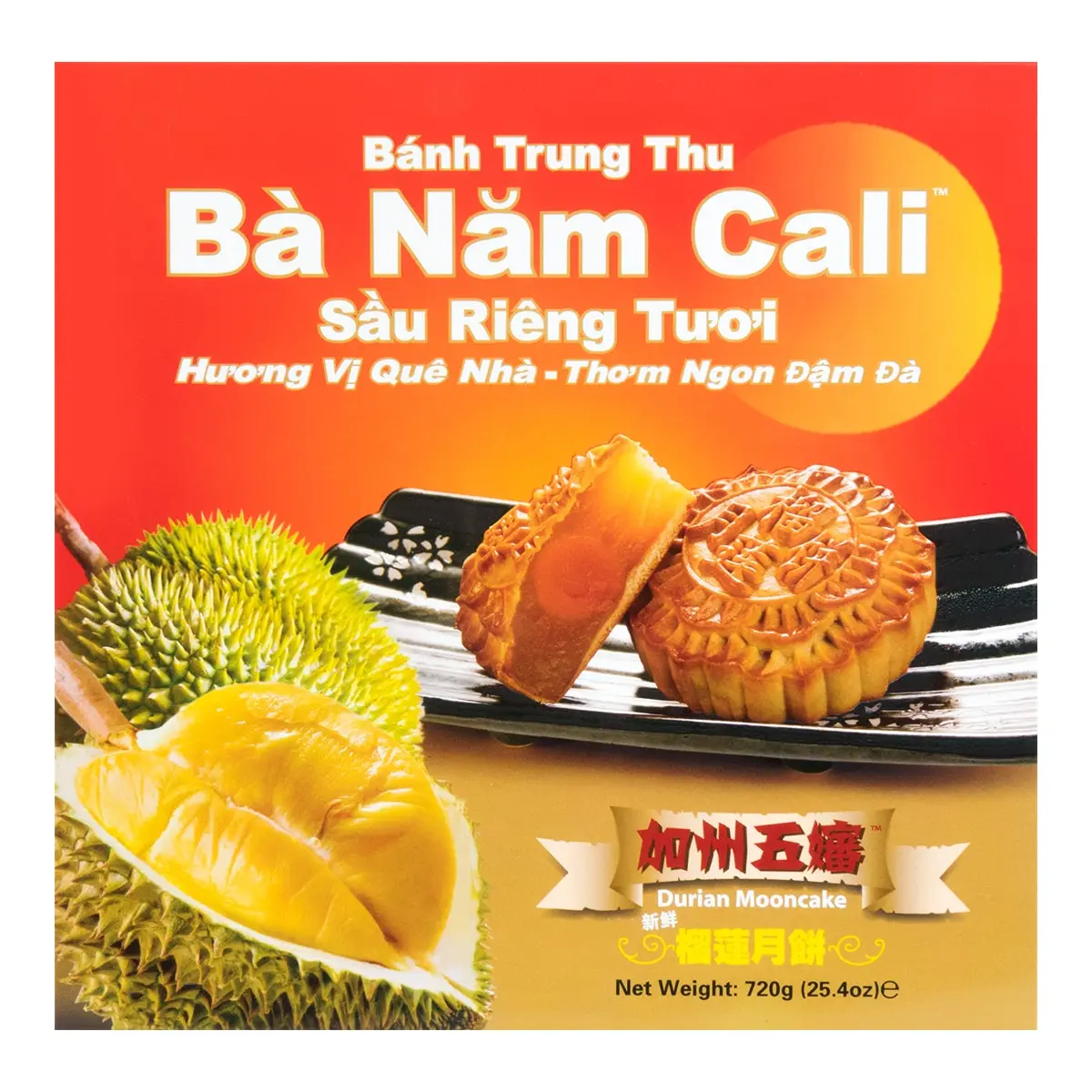 Ba Nam Cali Traditional Durian Mooncake with 2 Yolks, 25.40 oz, Ambient Fruity Dessert Snack, 2 Salted Egg Yolks