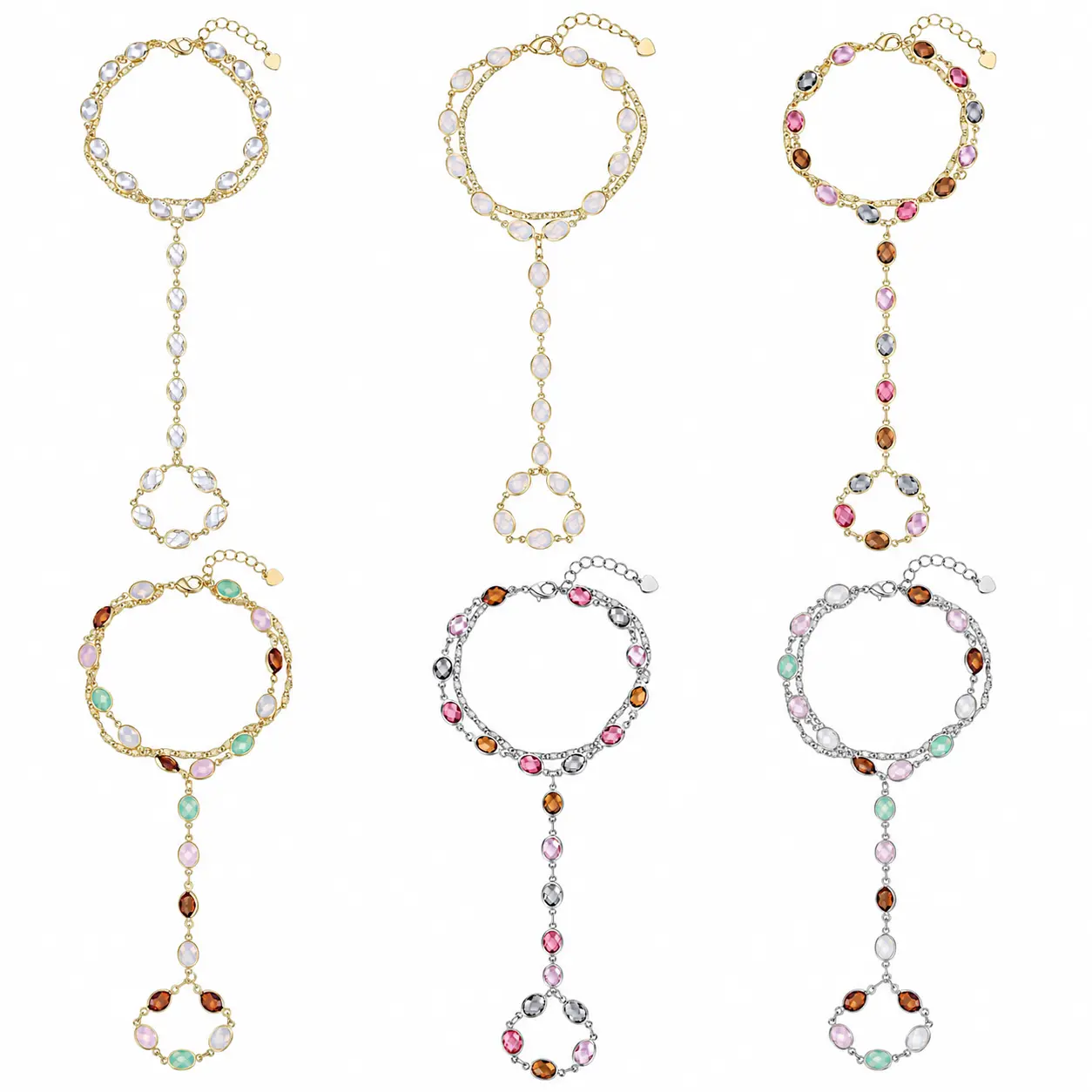 Colorful Stone Hand Chain Bracelet with Finger Ring and Adjustable Extender, Multiple Styles