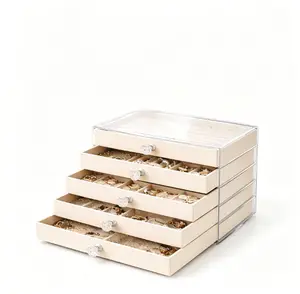 Extra Large Acrylic Jewelry Box for Women Girls 5 Layers Clear Velvet Earring Organizer with 5 Drawers Rings Display Case Necklaces Holder Tray (Beige)