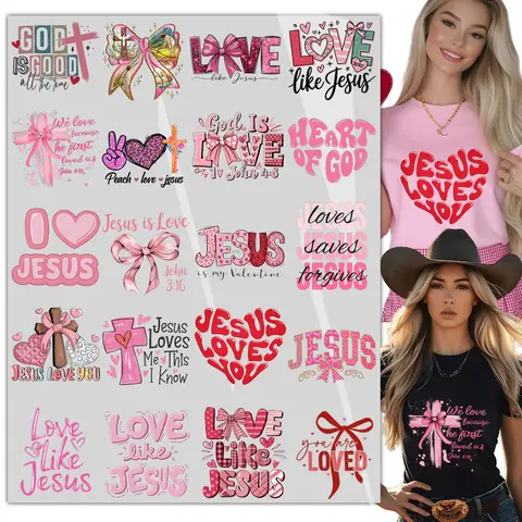 20 Sheets Valentine's Day Jesus Christ Iron on Transfers,  Dtf Transfers Ready to Press Coffee Transfer Stickers Iron on Decals for T Shirts Hoodie DIY Crafts