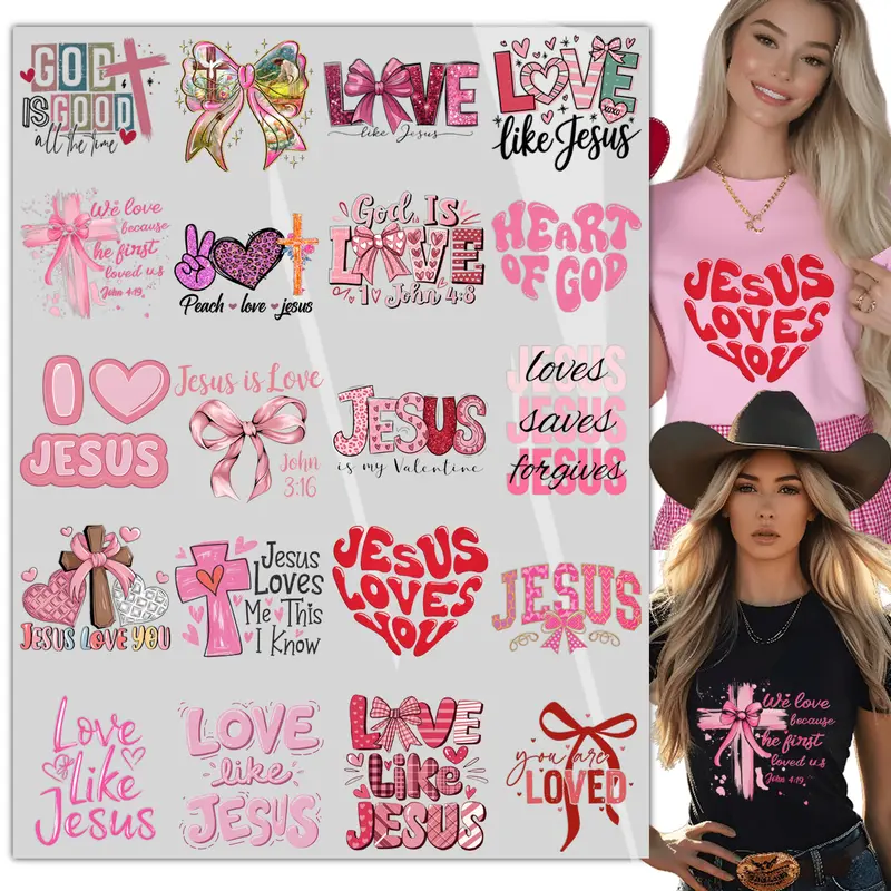 20 Sheets Valentine's Day Jesus Christ Iron on Transfers,  Dtf Transfers Ready to Press Coffee Transfer Stickers Iron on Decals for T Shirts Hoodie DIY Crafts