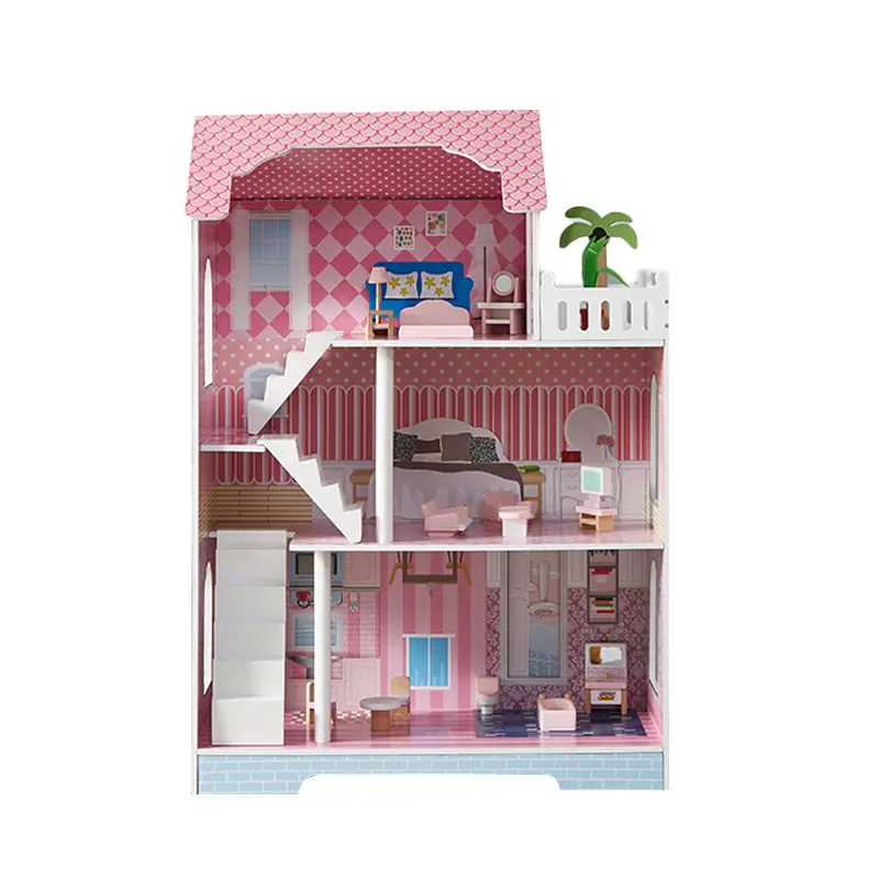 Wooden Dollhouse Playset for Toddler Girls (Ages 3-4) - Pink 3-Story Dream Villa with Furniture Accessories, Stairs, Balcony, ASTM F963 & CPC Safety Certified, Science Learning Kids Birthday Gift