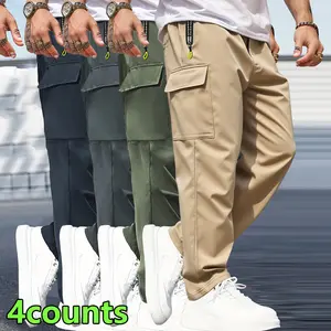 Men's Outdoor Cargo Pants Set, Solid Color Street Style Casual Athletic Pants, Lightweight Breathable Multi-Pocket Trousers with Zipper Side Pockets & Drawstring Waist, All-Season Versatile Daily Pants