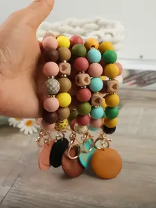 Printed Bead Keychain, Beaded Design, Creative Tassel Key Ring, Silicone Heart Charm Wristlet Key Holder, Mother's Day Gift, Friend Gift, Round