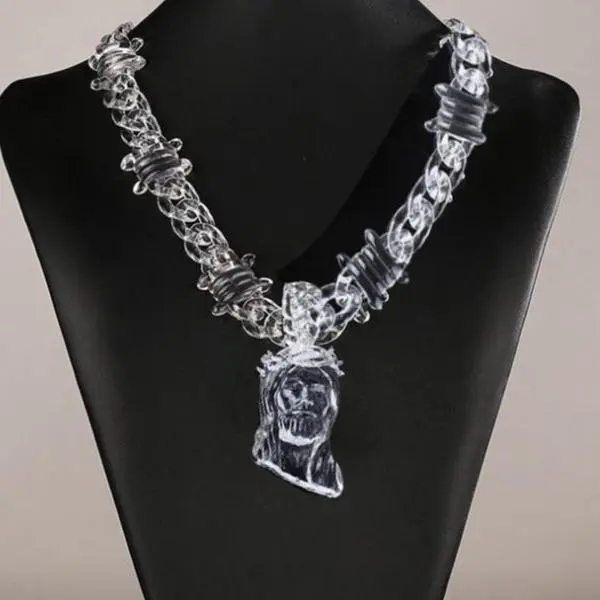 FaithFilledFinds Jesus Pendant Clear Barbed Wire Chain Necklace for Men, Women, Boys, Girls, Trendy Daily Wear Necklace for Streetwear, Birthday Gifts, Christmas Gifts, and Party Accessories，men necklace，women necklace，streetwear jewelry，y2k necklace