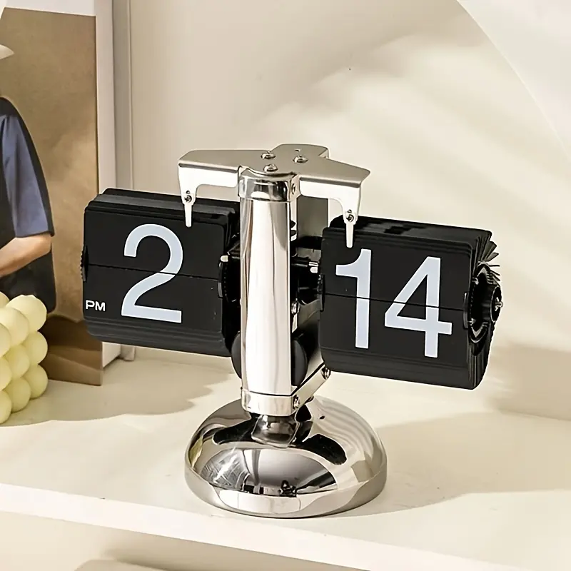 Vintage Irregular Metal Automatic Flip-Page Quartz Digital Clock - Battery-Powered Home Decor for Bedroom, Office Desktop