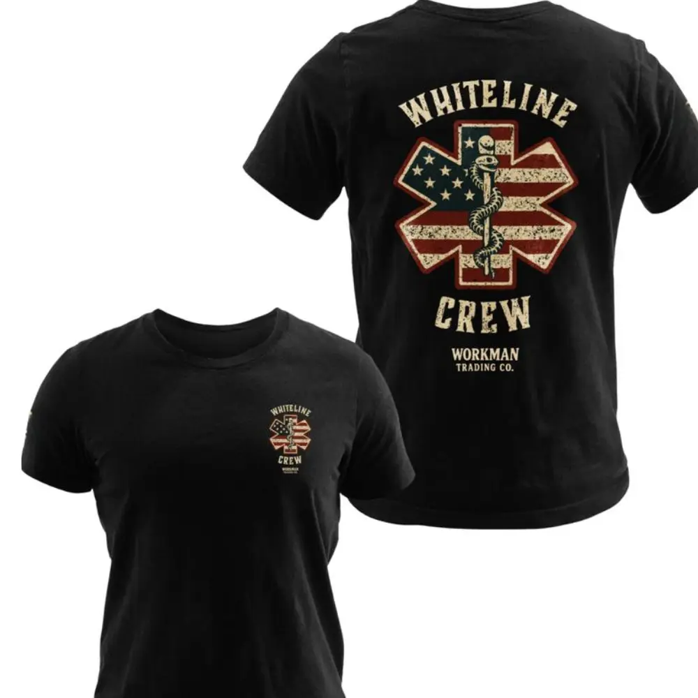 Whiteline Crew T-Shirt, Distressed American Flag EMS Star Design, Workman Trading Co Graphic Tee for Paramedics & Medical Heroes, Patriotic Gift for Emergency Workers