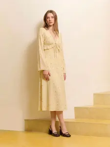 Women's Floral Print V-Neck Belted Midi Dress, Ruffle Details & Long Sleeves, Spring Vacation Dress, Ladies' Long Sleeve Dress