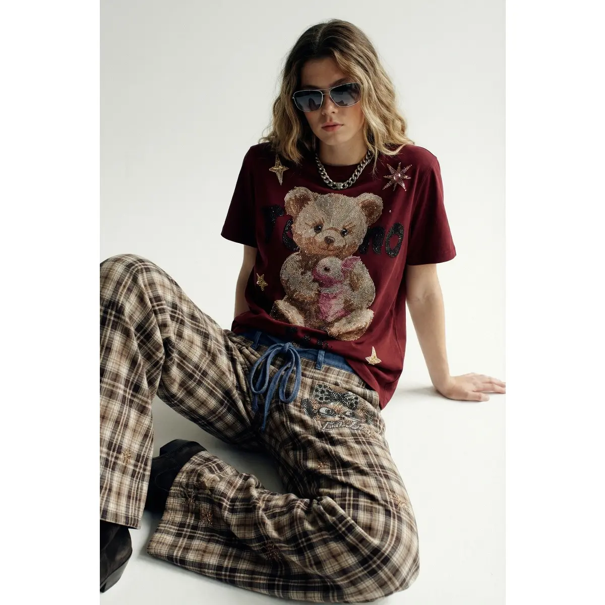 TCH- Women's Y2K Rhinestone Bear Graphic T-Shirt | Sparkly Teddy Bear Oversized Tee | Heavy Embroidery Streetwear Top | Burgundy Aesthetic Retro T-Shirt | Spring 2026
