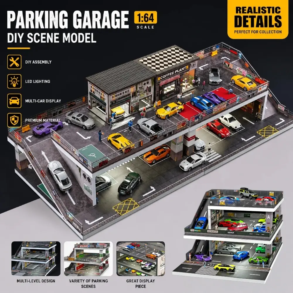 1:64 Scale Diorama Diecast Garage Scene Model LED Lighting Japanese Multi-Story Model Car Display for Car Model Collection US