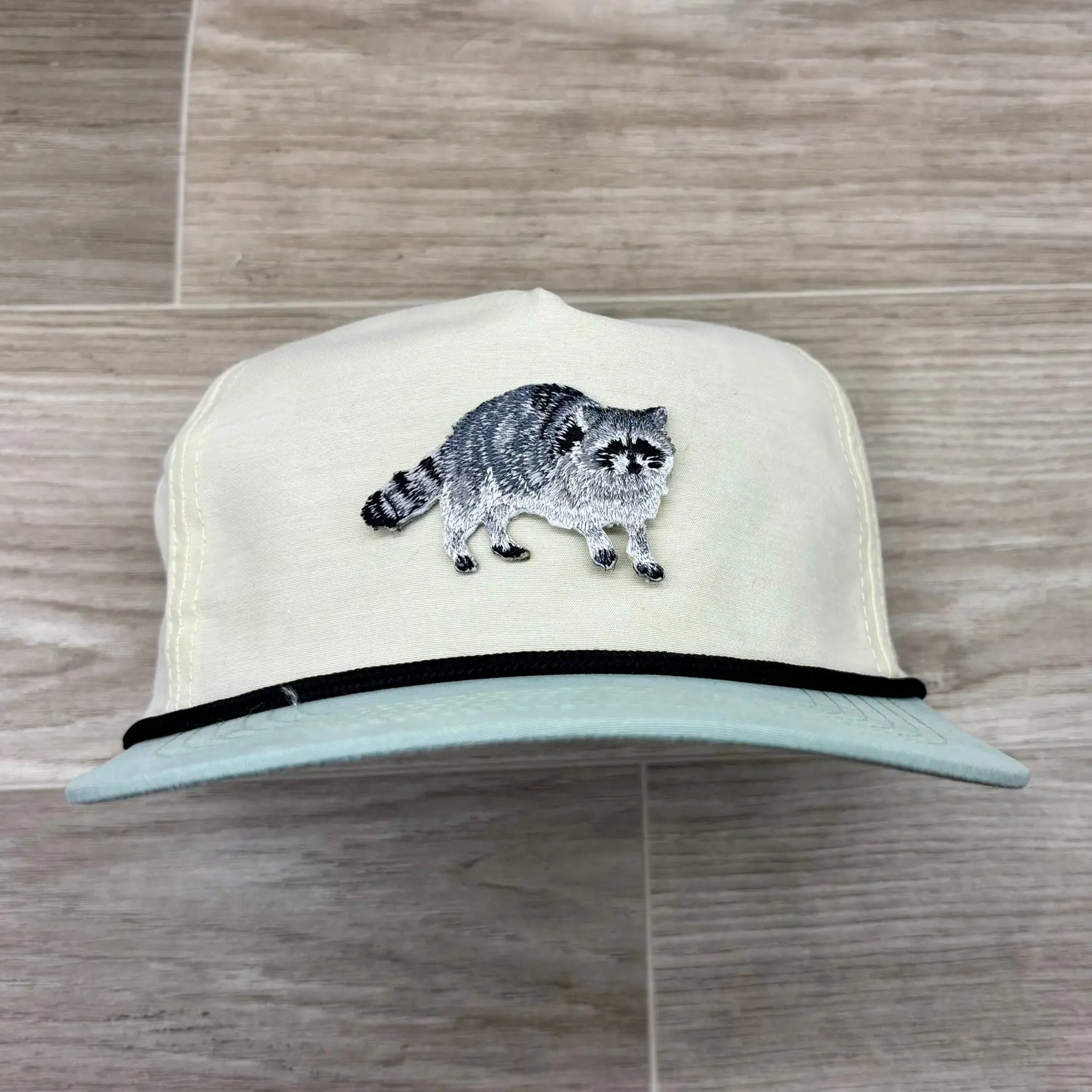 Raccoon / Trash Panda Patch on 2-Tone Cream/Seafoam Green Retro Snapback Hat w/ Black Rope