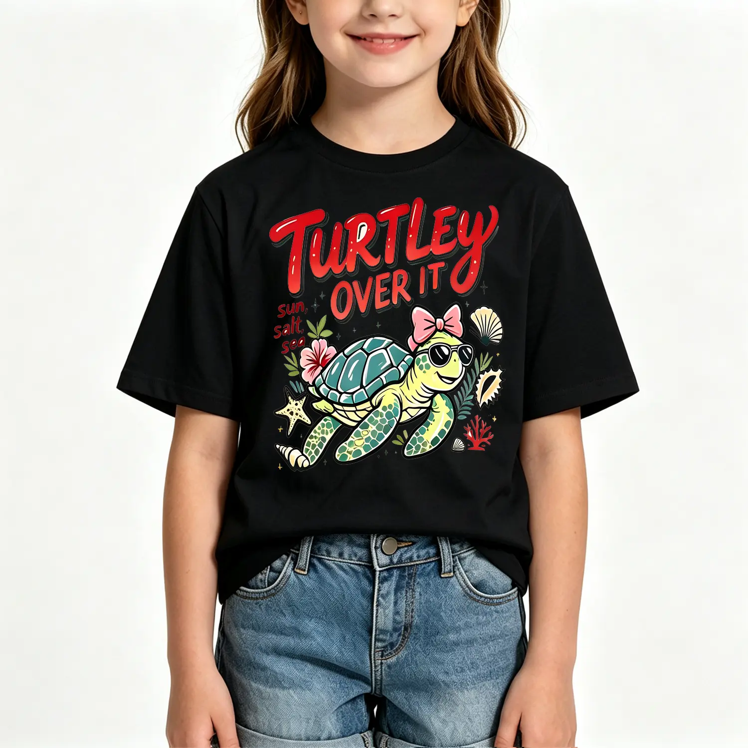 Kids Cotton Turtleneck Over It Tee Shirt Turtle Graphic Short Sleeve for Beach Summer Girls