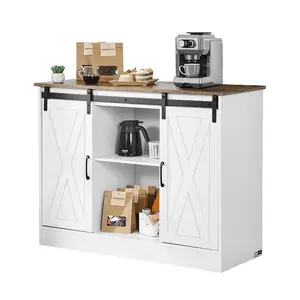 VEVOR Coffee Bar Cabinet, Farmhouse Coffee Bar Table with Drawer, Buffet Stand Cabinet with 2 Barn Door, Sideboard Buffet Station for Living Room, Entryway, Kitchen, 29.5x 14.7x 31.5 in, White