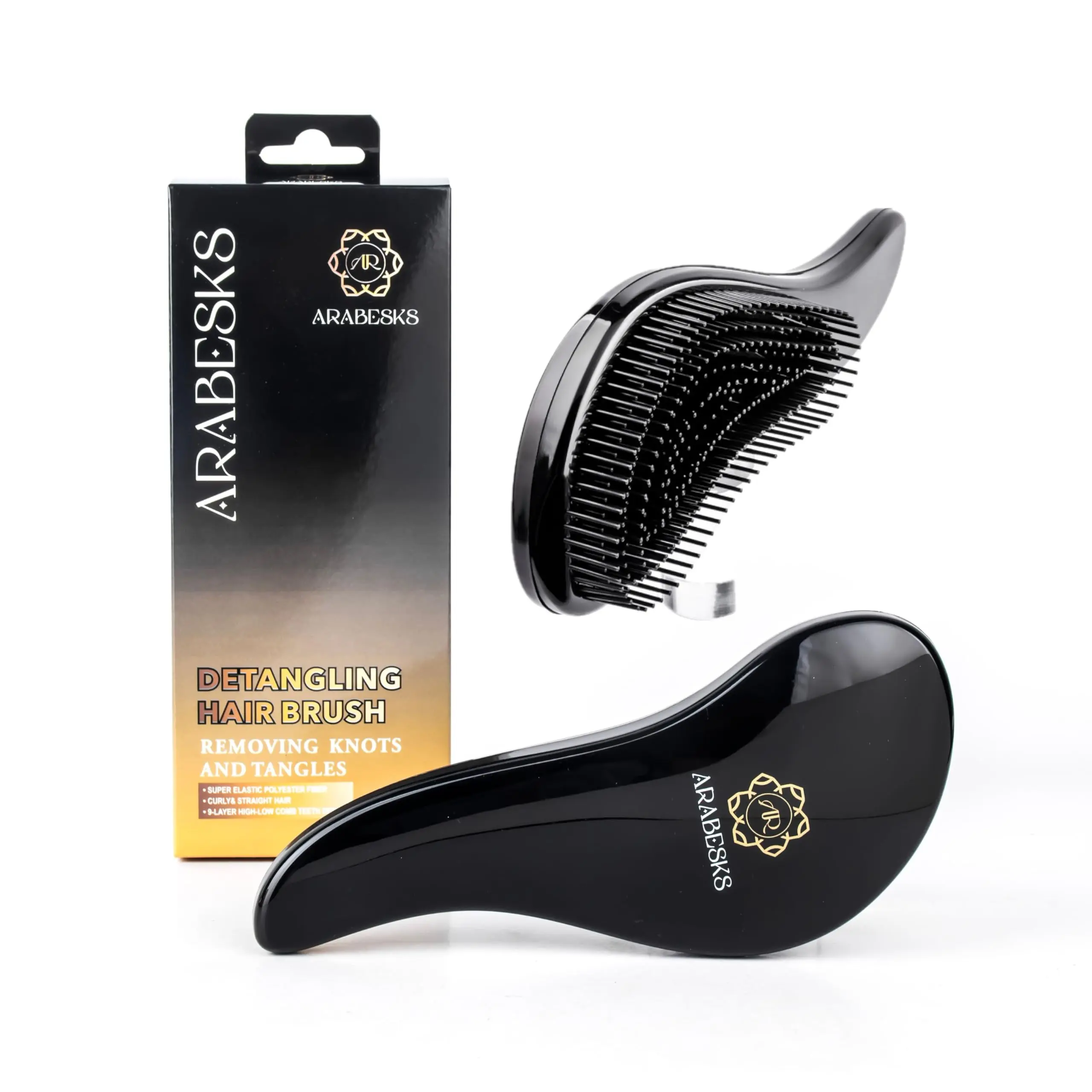 ARABESKS Detangling Brush for Adults & Kids - Ergonomic Design for Wavy Curly Straight Wet or Dry Hair - Black