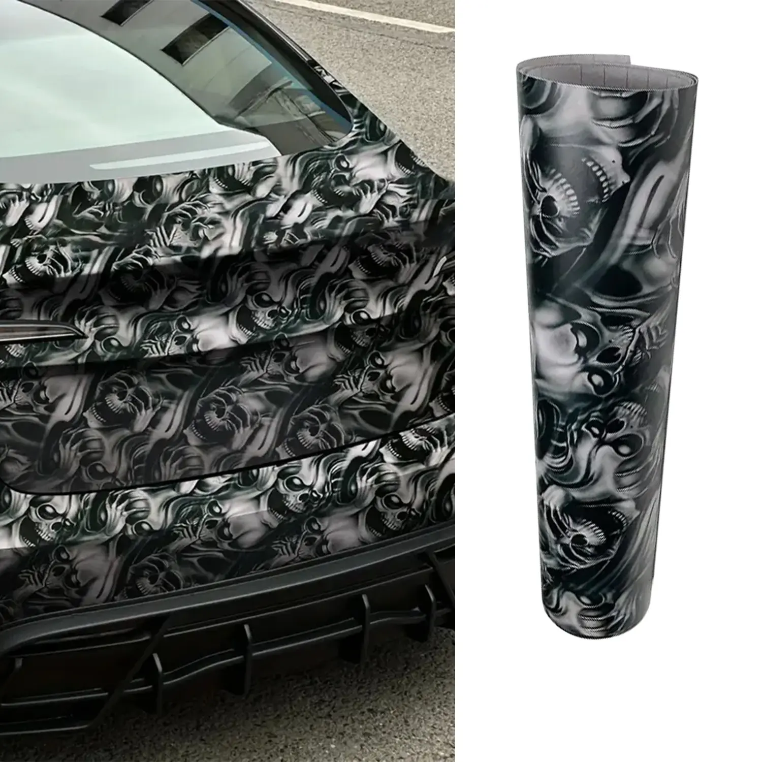 Carbon Fibre Vinyl Wrap for Cars, Black and White Skull Vinyl Wrap Roll 19.69*118.11Inch Bubble-Roll Sticker, Self-Adhesive Protective Car Film for Motorcycle Automotive Interior Exterior DIY, Car Decoration, Car Vehicle Decoration