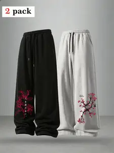 Men's Summer Japanese Cherry Blossom Print Sweatpants Set of 2, Loose Fit Wide Leg Drawstring Casual Pants, Floral Pattern, All Seasons, Casual Summer Bottoms