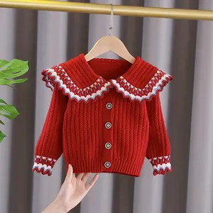 Girls' Knitted Cardigan Toddler Jacket Stylish Spring and Autumn New Children's Red New Year Sweater Baby Spring Outfit