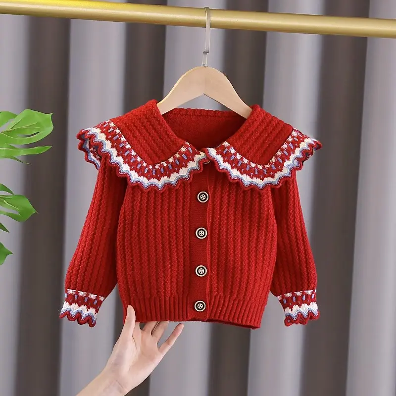 Girls' Knitted Cardigan Toddler Jacket Stylish Spring and Autumn New Children's Red New Year Sweater Baby Spring Outfit