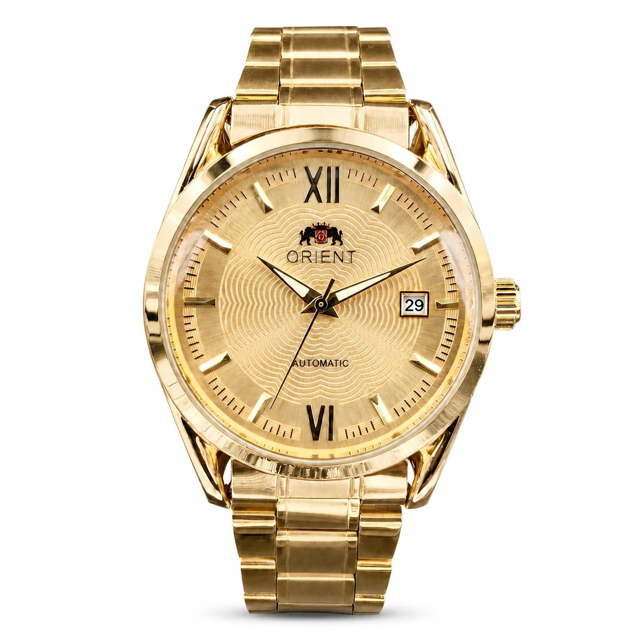 Orient Full Gold Automatic Mechanical Men's Watch - Gold Stainless Steel Strap, Textured Golden Dial with Roman Numerals & Date Window, Self-Winding Waterproof Business Dress Watch, Luxury Timepiece, Ideal Birthday Gift for Gentlemen