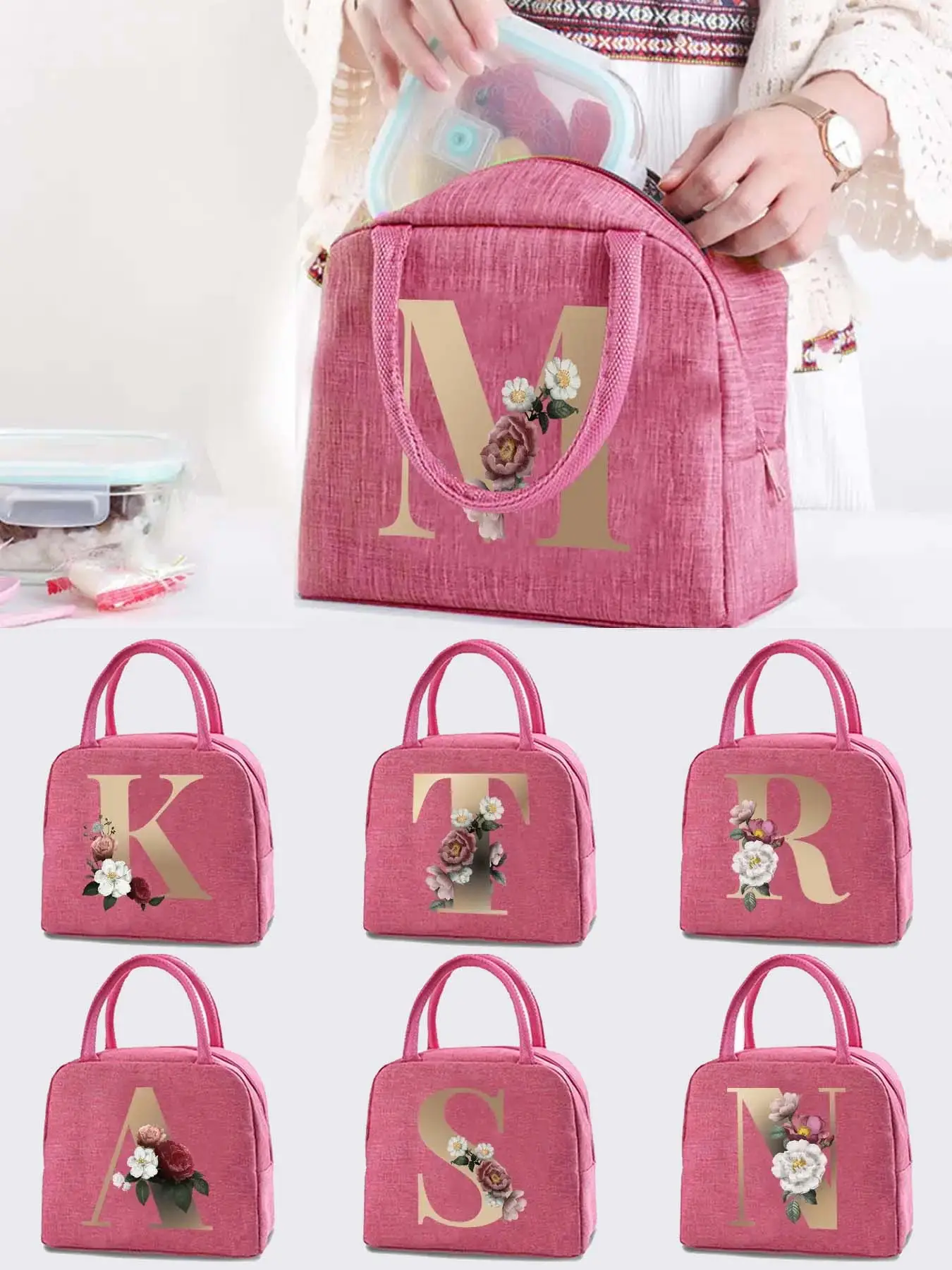 Floral & Letter Pattern Lunch Bag, Gifts for Her, 1 Count Durable Insulated Lunch Bag, Lightweight Thermal Food Container, Reusable Canvas Handbag for