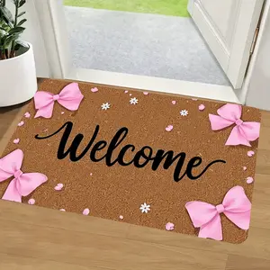 Fashionable Welcome Doormat with Elegant Black Cursive Font and Bow Design Machine Washable Polyester Flannel Material Thick Pile Non Slip Floor Mat Perfect for Home Entryway Office Decor Kitchen Living Room Gift Idea