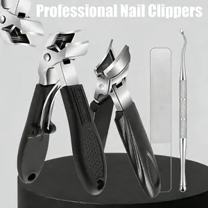 Professional Thick Nail Clippers Set, Large Opening Anti-Splash Nippers with File & Cuticle Pusher, Manicure Tools Kit