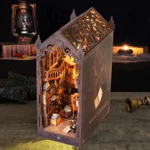 Book Nook Kit, DIY Dollhouse Booknook, Miniature House Kit for Adults and Teens, Library Tiny okshelf Decor, 3D Wooden Puzzle Bookends with Sensor Led Light, Gifts for Family, Friends