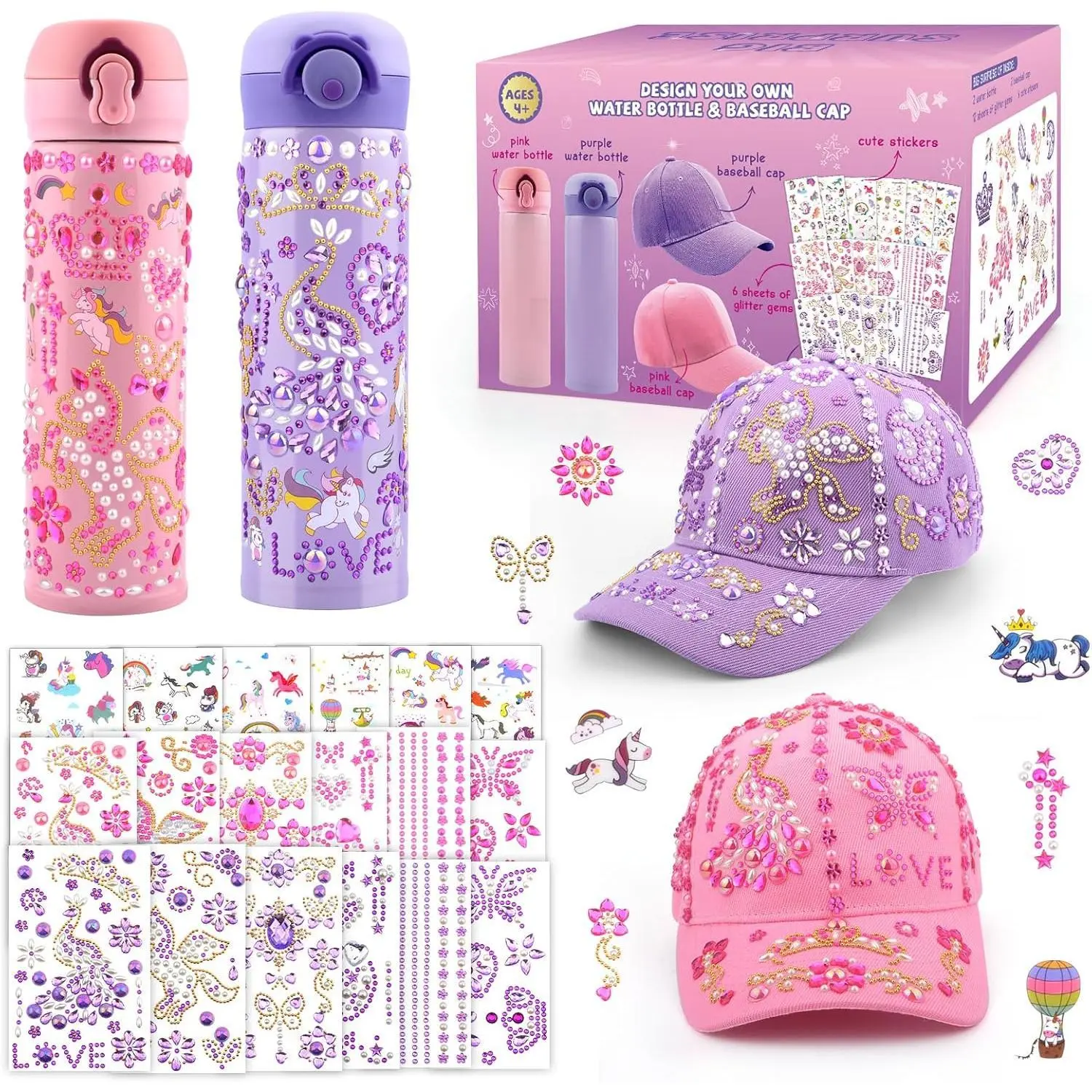 X-HDJ03 DIY Arts Crafts Toy Set - Decorate Your Own Water Bottle & Baseball Cap with Gem, Unicorn, Peacock Stickers - Halloween, Christmas, Thanksgiving, Back to School Gifts for Girls Age 4-12