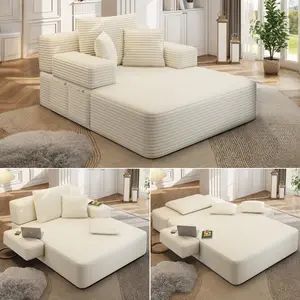 Convertible Corduroy Sofa Bed with Storage, Plush Chaise Lounge with 3 Pillows, Armless Compression Foam Couch for Small Spaces & Apartments