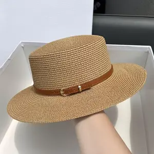 French-style Flat-top Straw Belt Hat for Men and Women, Summer Flat-brimmed Straw Ceremonial Hat for Outings, Vacations, Seaside Sunshade and.