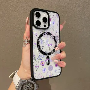 Magnetic Silicone Case for iPhone 17 16 15 14 13 12 11 Pro Max Plus XS XR Purple Floral Aesthetic Shockproof Lightweight Girly Scratch Resistant Protection