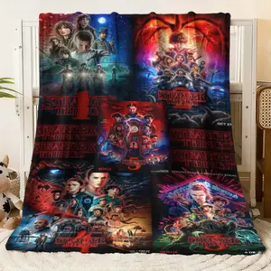 Stranger Things Themed Fleece Blanket - Colorful Collage of Beloved Characters & Memorable Scenes from the Popular Series