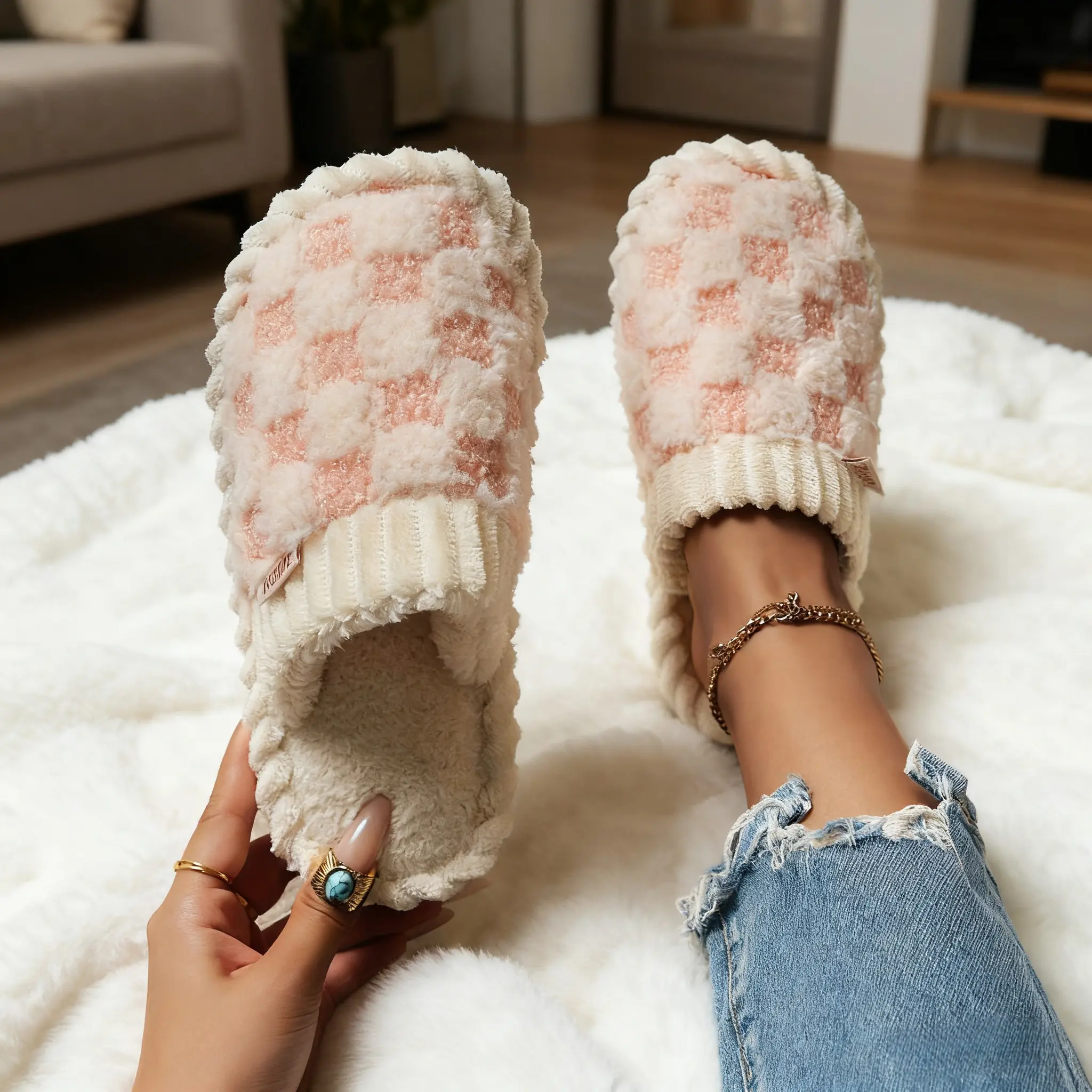 Cotton Cozy Plush Checkered Slippers for Women Fluffy Warm Slippers with Memory Foam Soft Sole Round Toe Indoor Shoes for Comfortable Daily Wear
