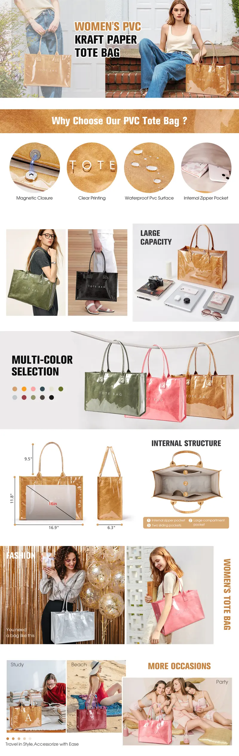 KALIDI Women's Oversized Magnetic PVC Tote Bag - Water-Ready, Waterproof, Casual, Basic, Double Handle Large Shopper Handbag, Weekender Travel Accessory
