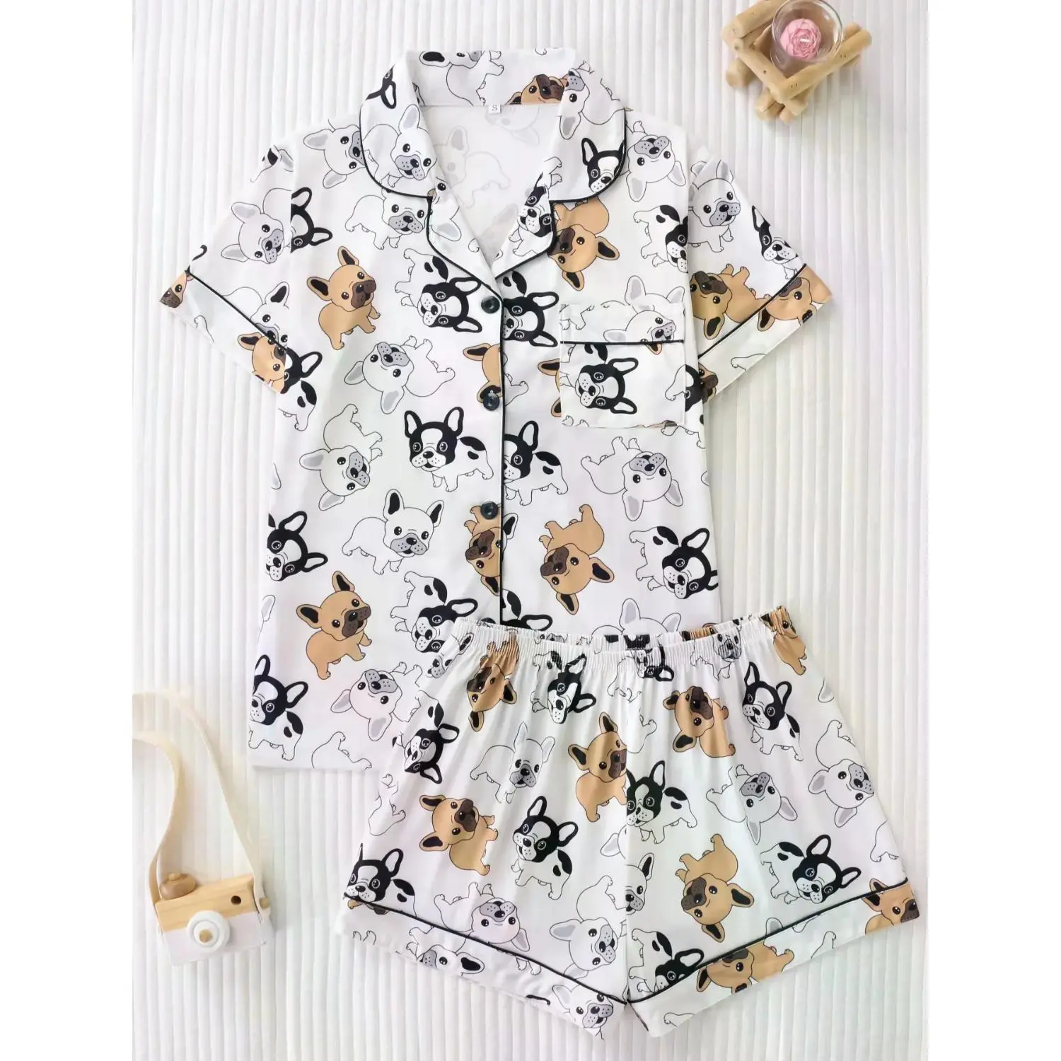Adorable French Bulldog Print Two-Piece Women's Pajama Set, Short Sleeve Button-Up Top with Comfy Relaxed Shorts for All Seasons