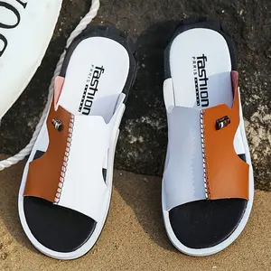 1 Pair Unisex Preppy Minimalist Beach Slides - Solid Color Slip-On Sandals with Faux Upper, Round Toe, Non-Slip Latex Sole,  Light Brown-1