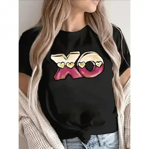 Women Black XO Heart Graphic T Shirt Lightweight Durable Short Sleeve Round Neck Casual Top Pink Golden XO Heart Print for Spring Summer Fall Ladies Tshirts