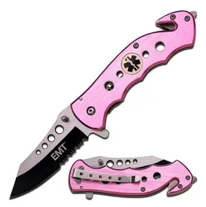 EMT Emblem Pink Spring Assisted Folding Knife All Metal Construction Glass Breaker Seatbelt Cutter Pocket Clip