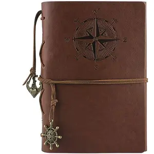 Leather Writing Journal Notebook,  Nautical Spiral Notebook Refillable Diary Sketchbook Travel Journals to Write in with Blank Pages and Retro Pendants (Brown)